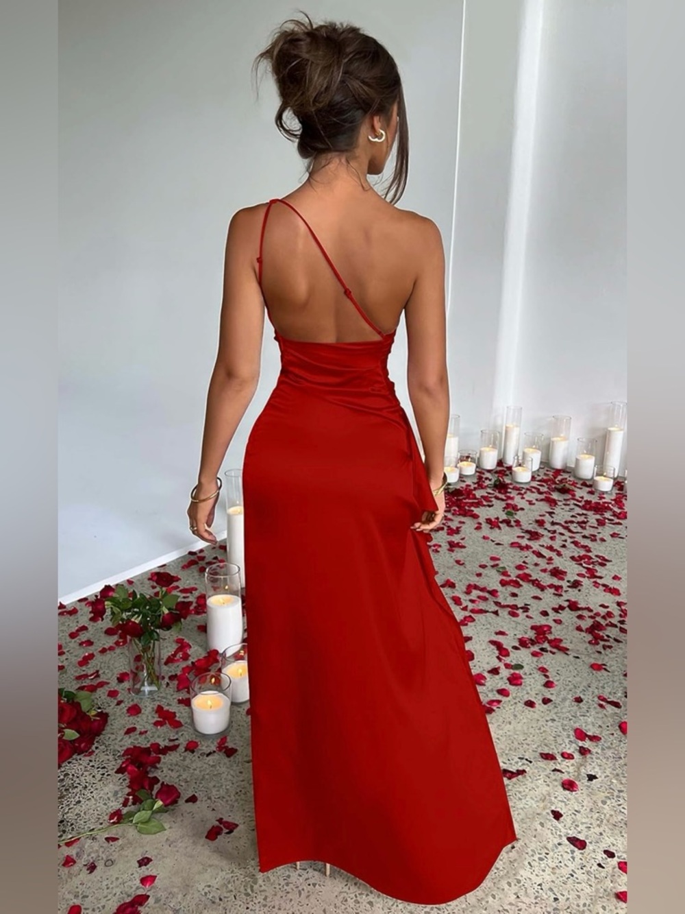 NWOT - One-Shoulder Red High Slit Ruched Evening Gown, Hot Vegas Party Sexy Prom - Picture 5 of 11